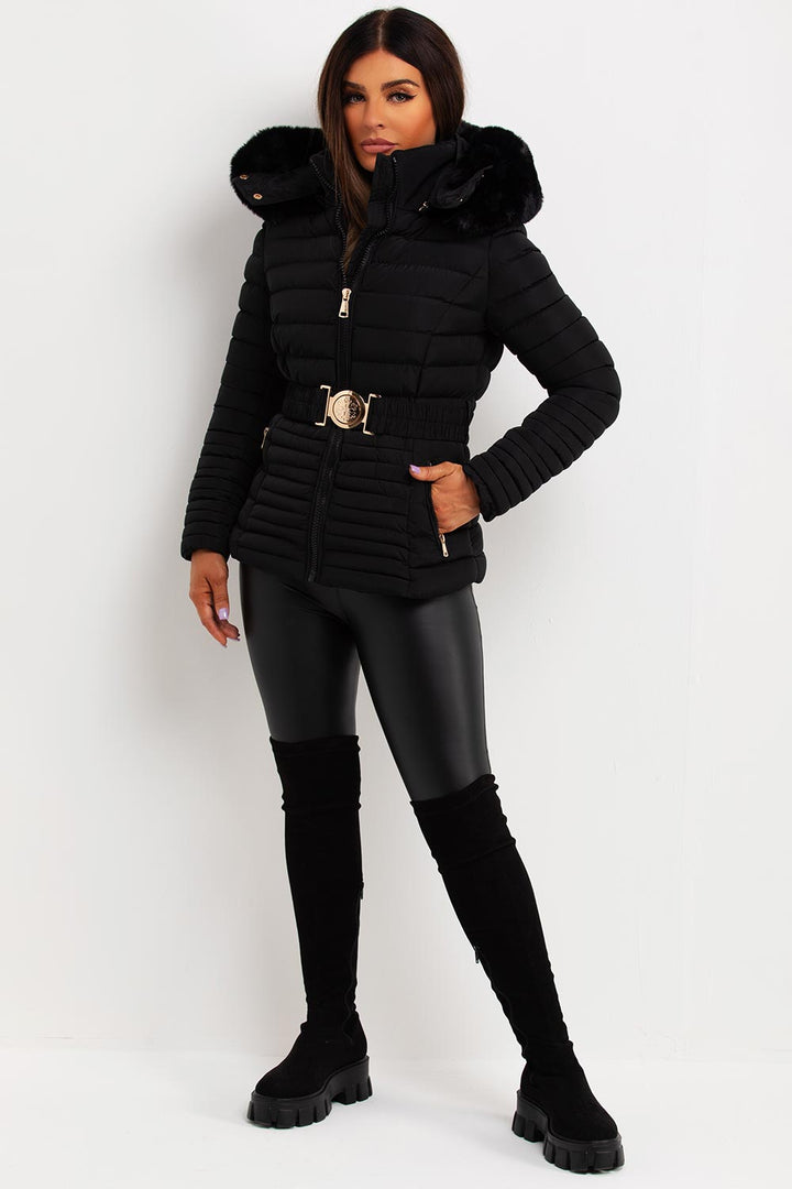 Ariel | Women’s faux fur hooded puffer jacket with gold belt