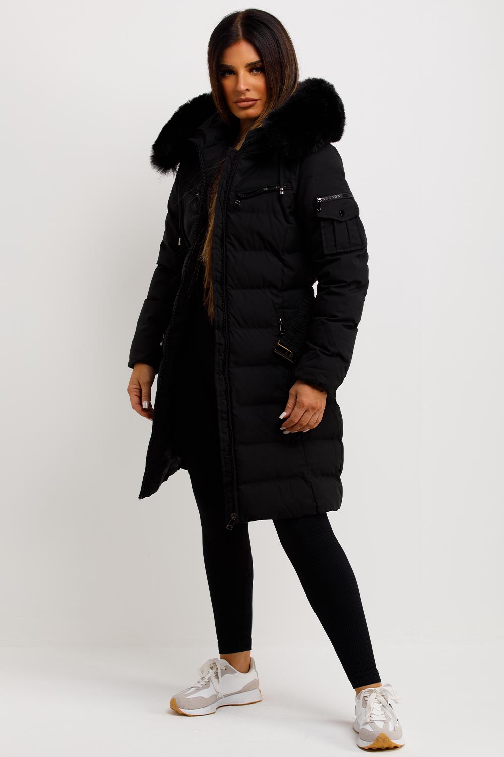 Madelyn | Women’s belted long puffer coat with faux fur hood