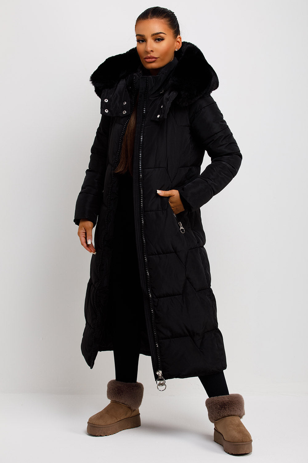 Maci | Women’s longline puffer coat with oversized faux fur hood