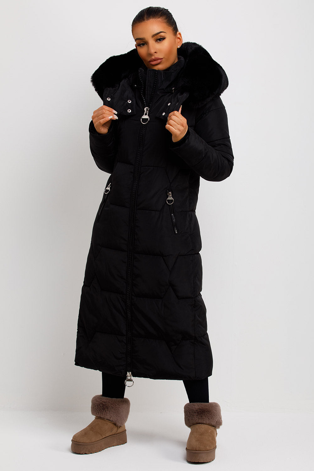 Maci | Women’s longline puffer coat with oversized faux fur hood
