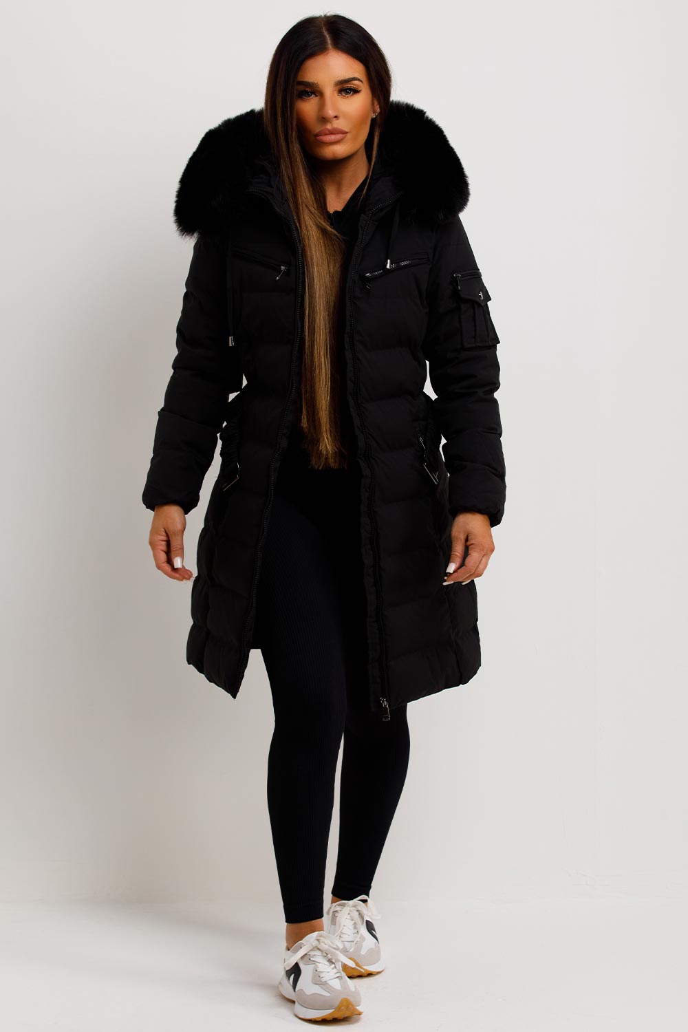 Madelyn | Women’s belted long puffer coat with faux fur hood