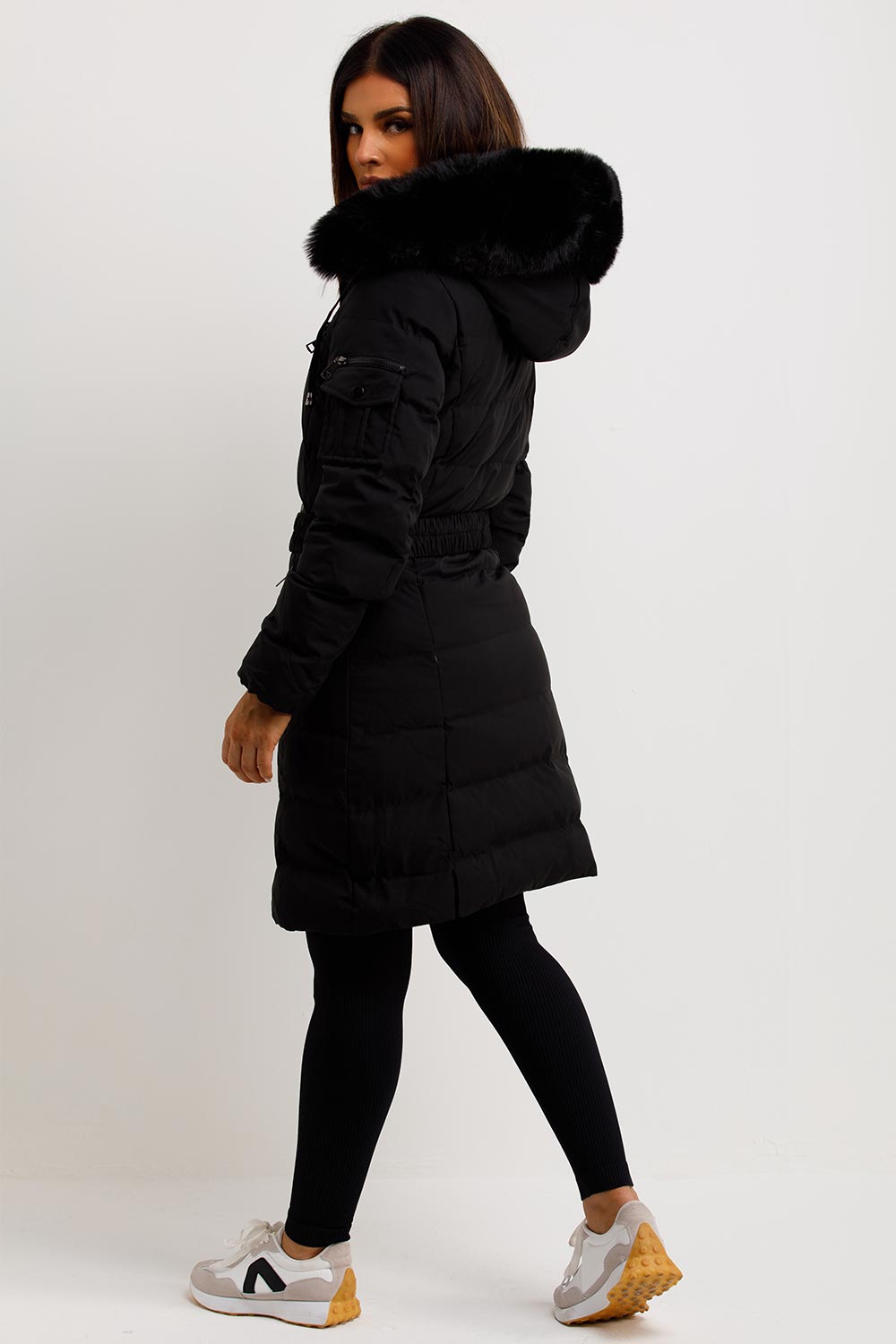 Madelyn | Women’s belted long puffer coat with faux fur hood