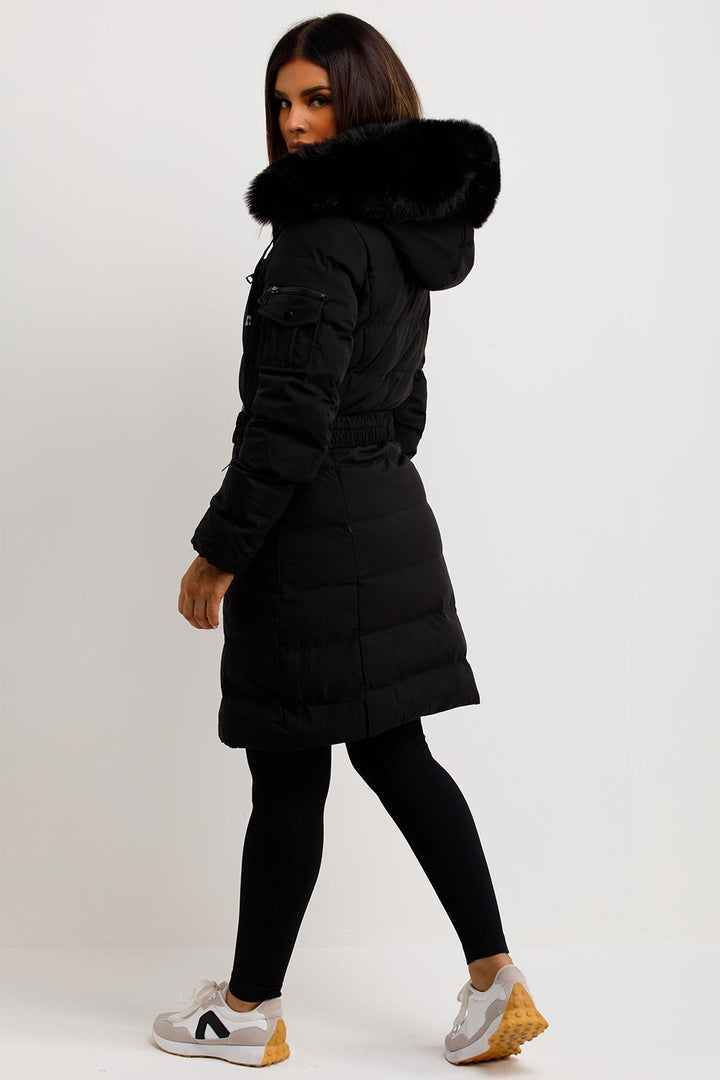 Madelyn | Women’s belted long puffer coat with faux fur hood
