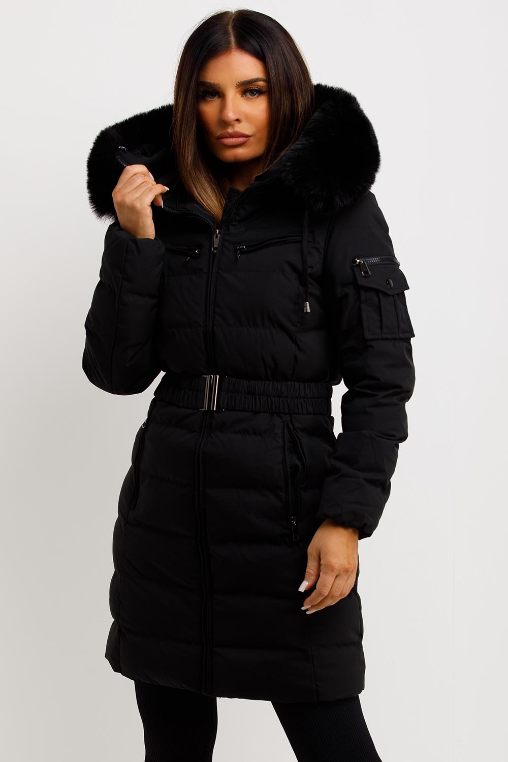 Madelyn | Women’s belted long puffer coat with faux fur hood