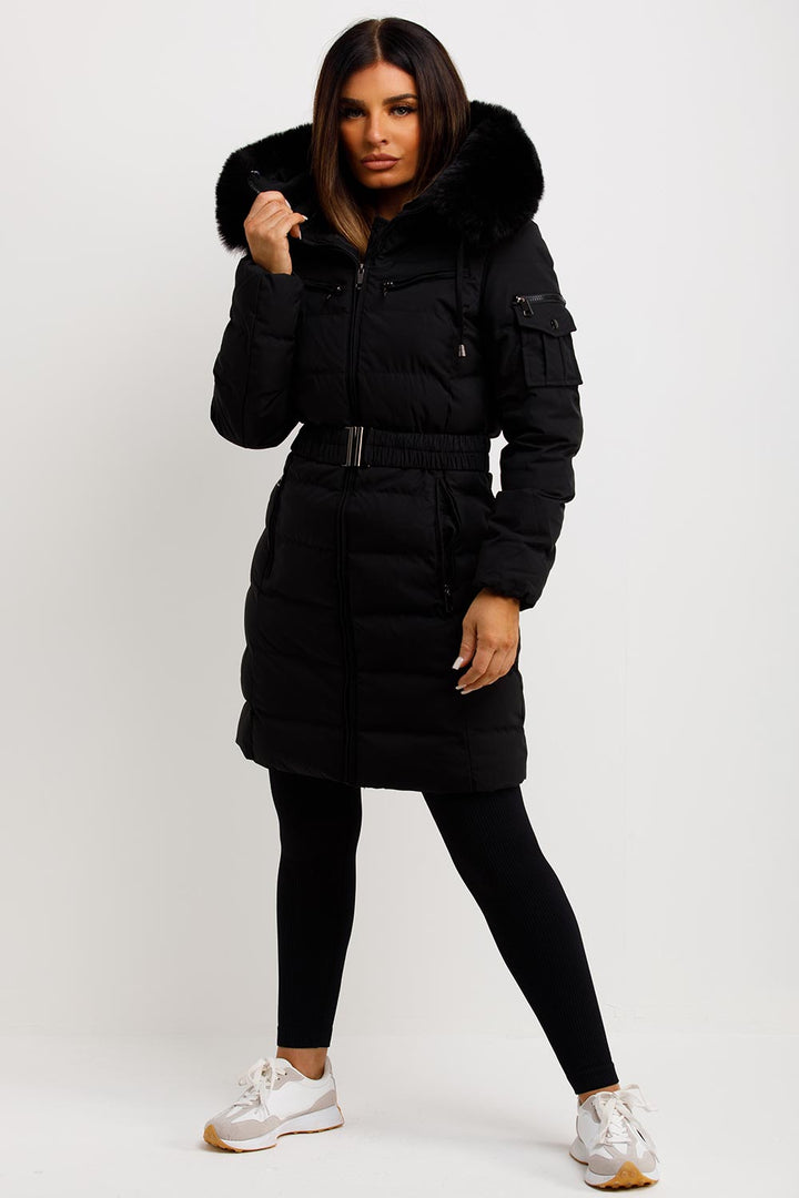 Madelyn | Women’s belted long puffer coat with faux fur hood