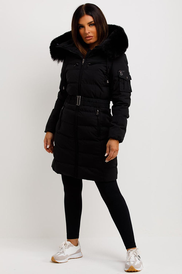 Madelyn | Women’s belted long puffer coat with faux fur hood