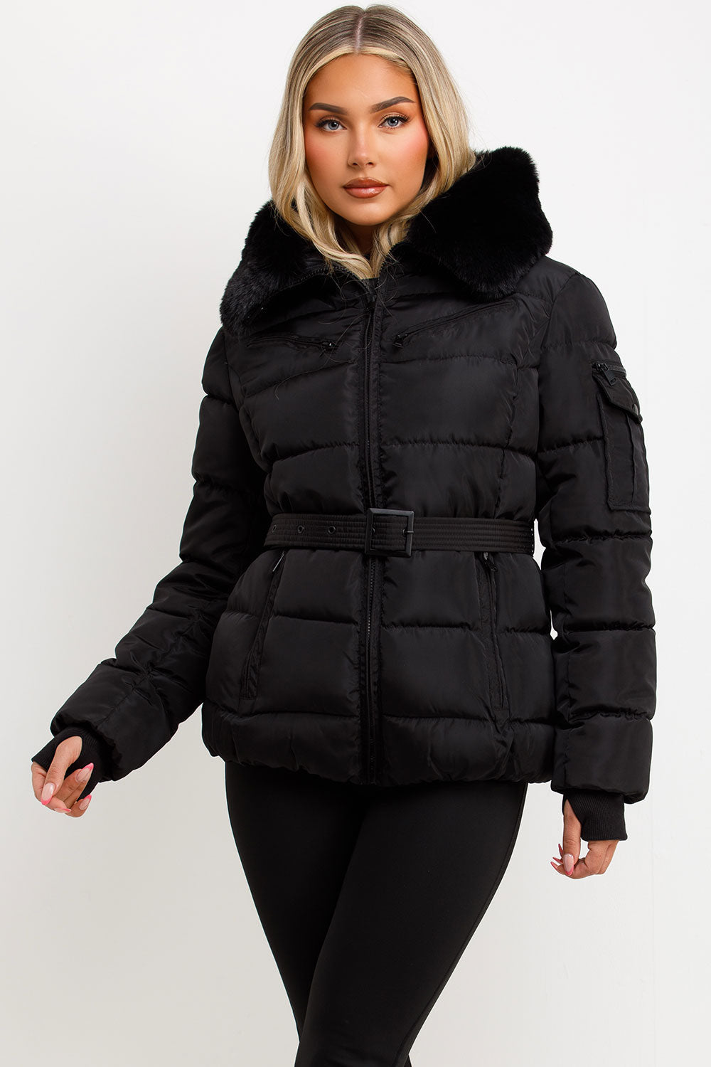 Jane | Women’s belted faux fur hooded puffer jacket