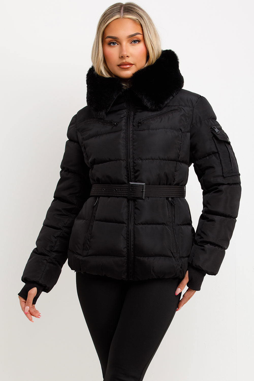 Jane | Women’s belted faux fur hooded puffer jacket