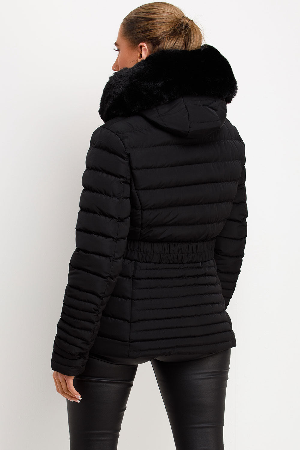 Ariel | Women’s faux fur hooded puffer jacket with gold belt