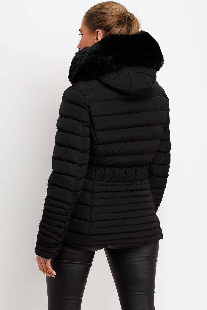 Ariel | Women’s faux fur hooded puffer jacket with gold belt