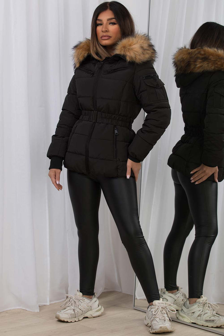 Lucille | Women’s belted faux fur hooded puffer jacket