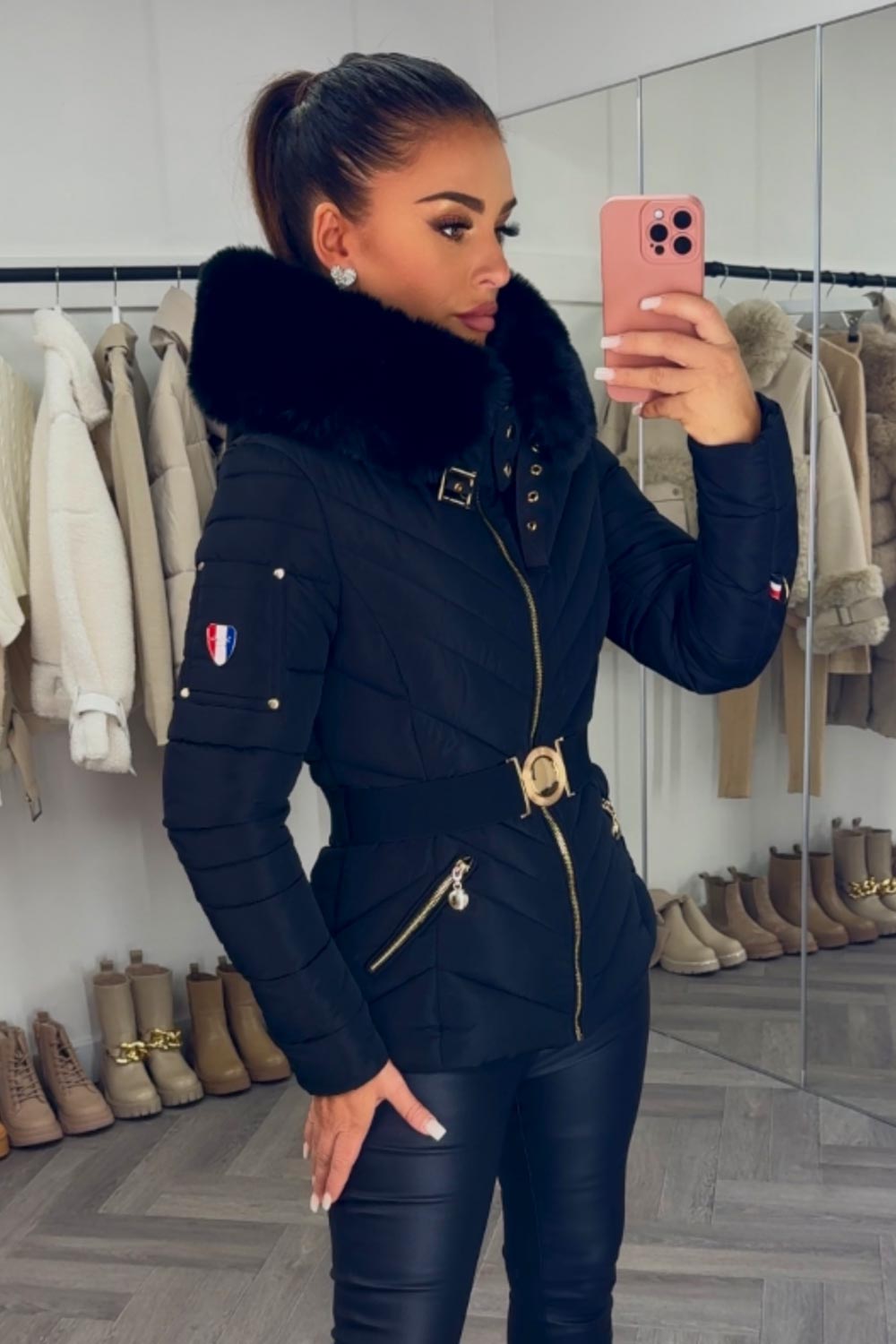 Michelle | Women’s luxe belted puffer jacket with faux fur hood
