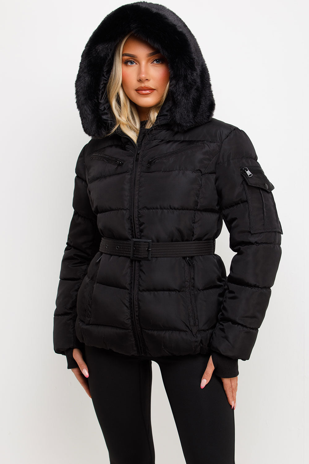 Jane | Women’s belted faux fur hooded puffer jacket