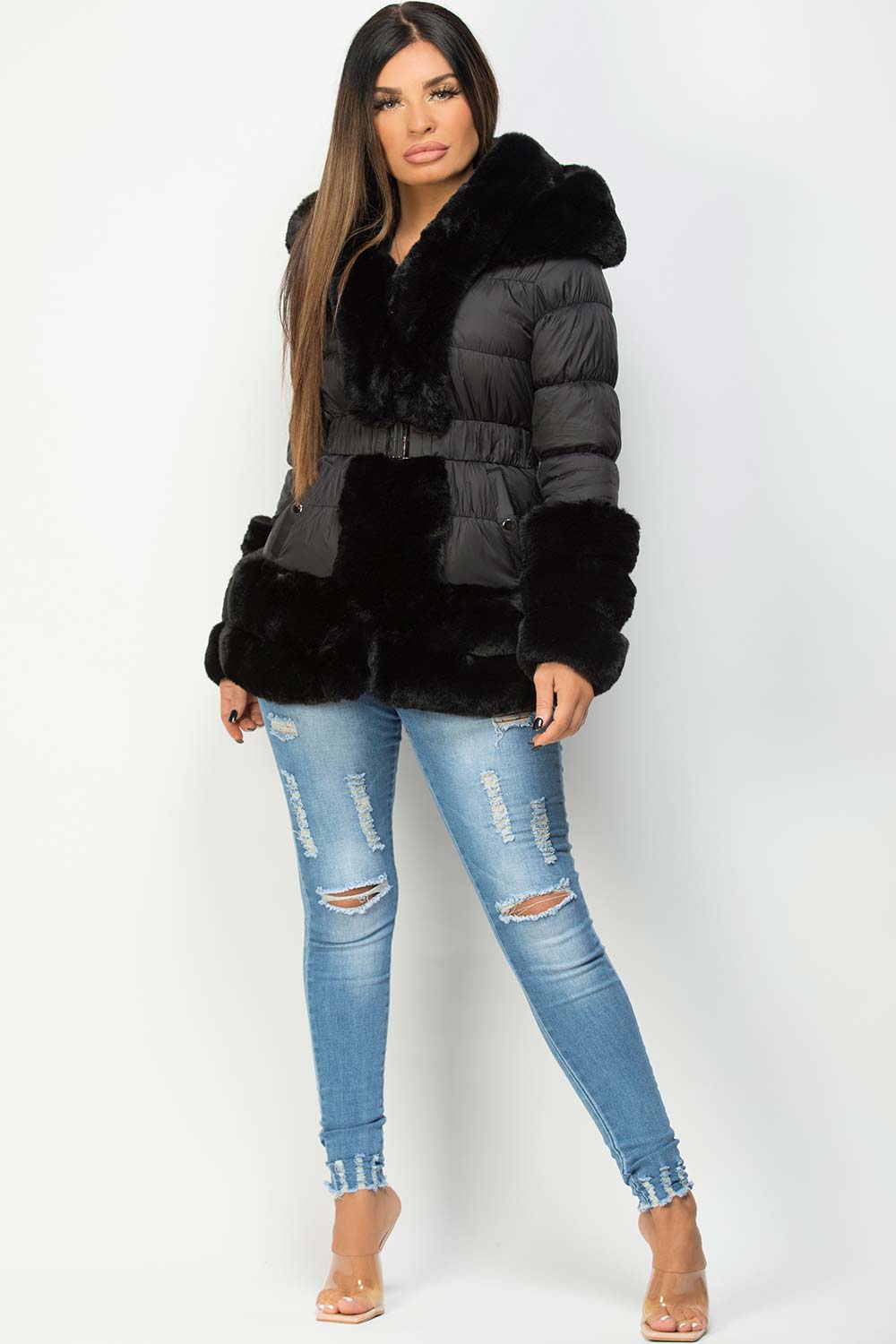 Estelle | Women’s luxe faux fur trim belted puffer jacket