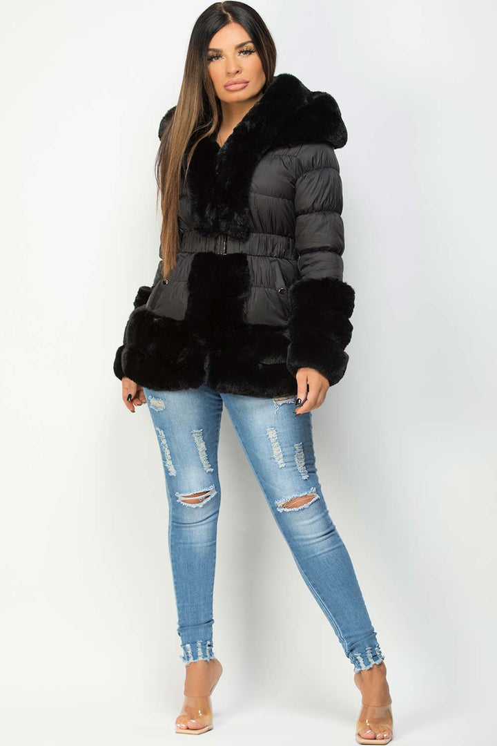 Estelle | Women’s luxe faux fur trim belted puffer jacket