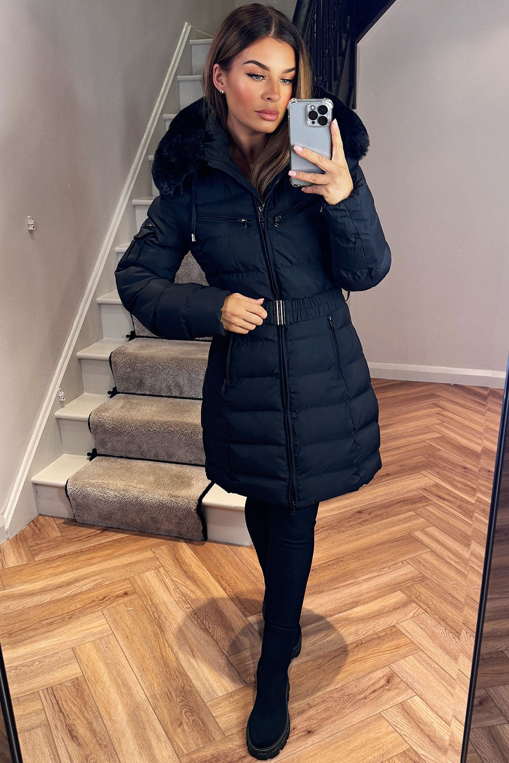 Madelyn | Women’s belted long puffer coat with faux fur hood