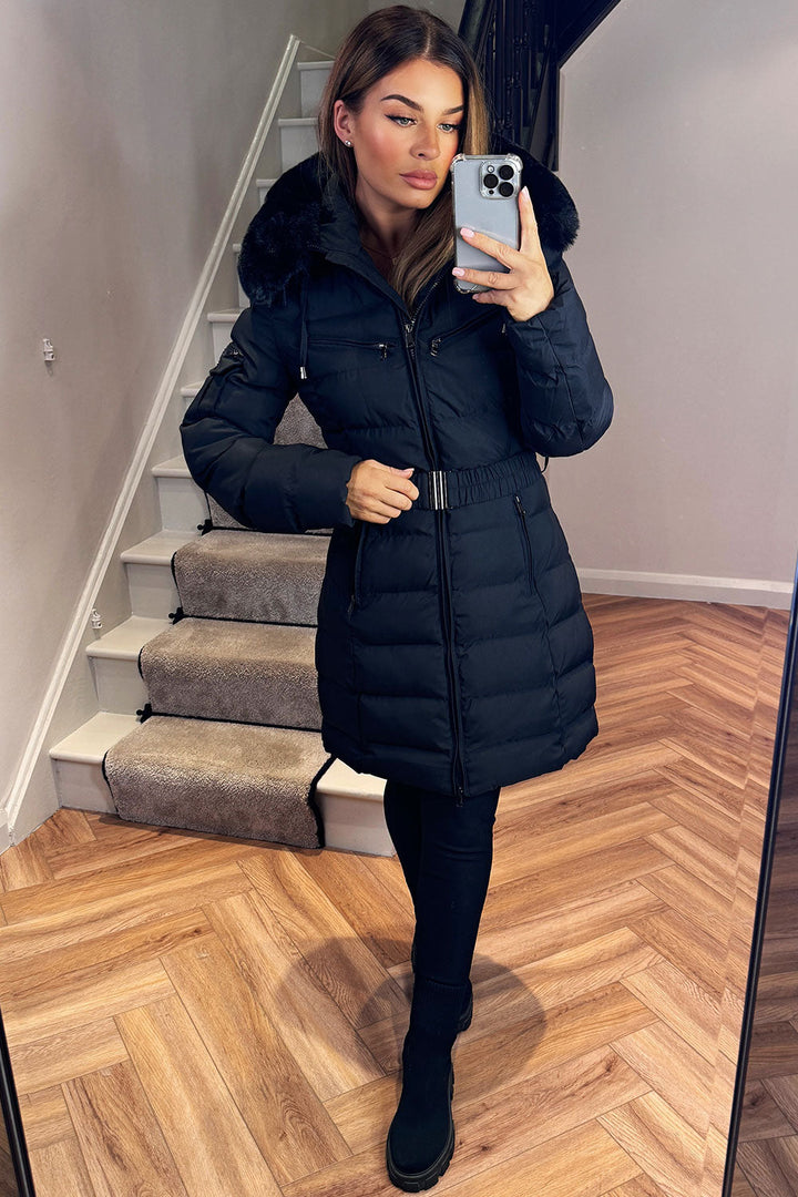 Madelyn | Women’s belted long puffer coat with faux fur hood