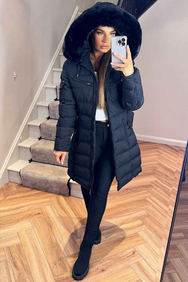 Madelyn | Women’s belted long puffer coat with faux fur hood