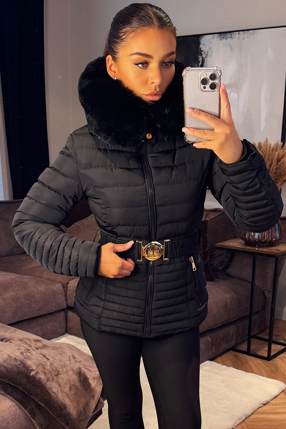 Ariel | Women’s faux fur hooded puffer jacket with gold belt