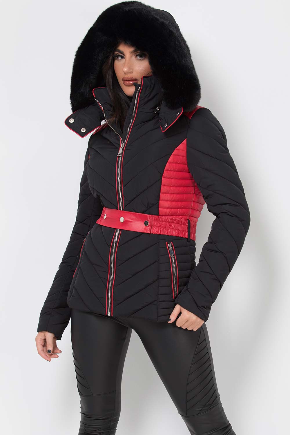 Karter | Women’s belted two-tone puffer jacket with luxe faux fur hood