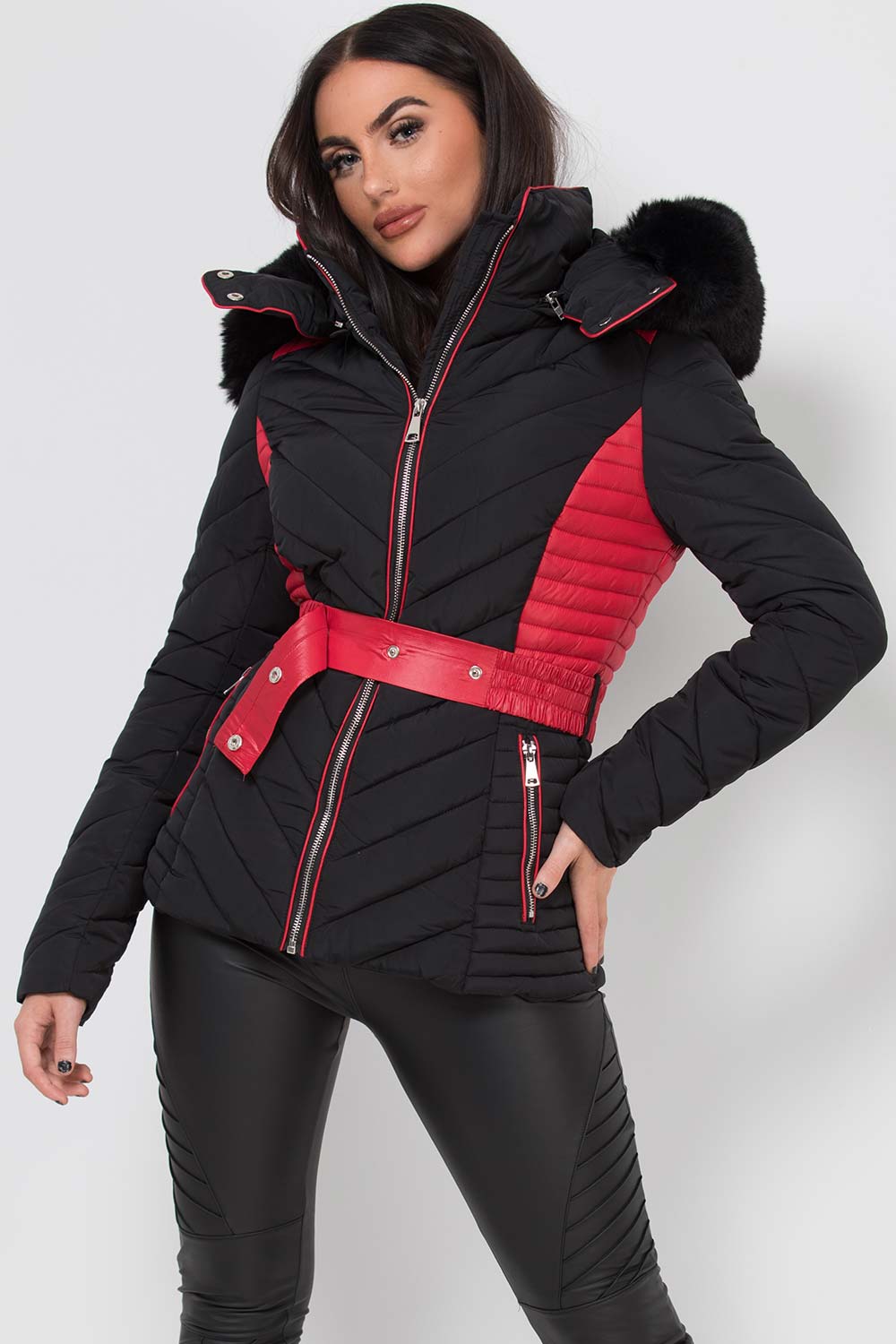 Karter | Women’s belted two-tone puffer jacket with luxe faux fur hood