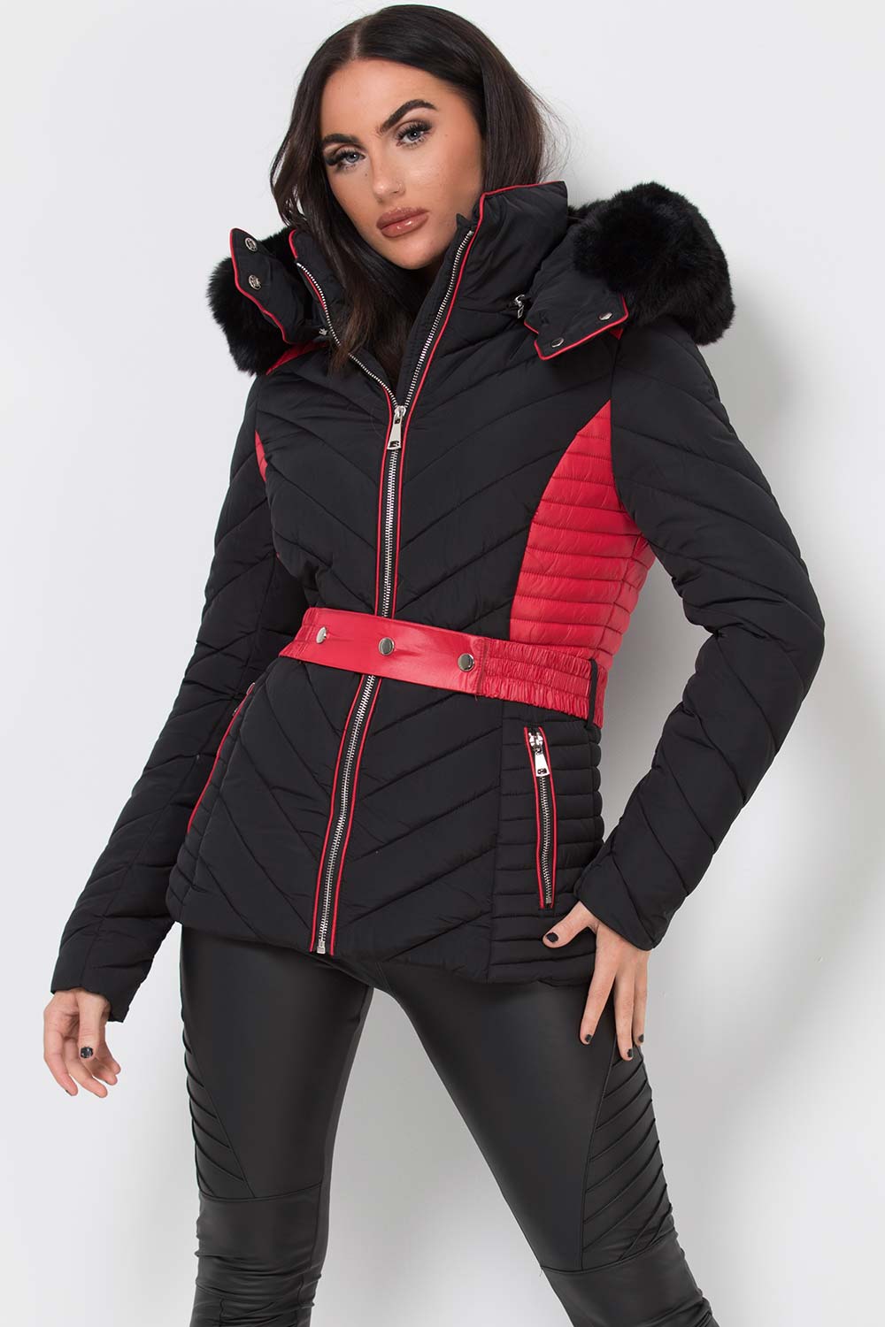 Karter | Women’s belted two-tone puffer jacket with luxe faux fur hood