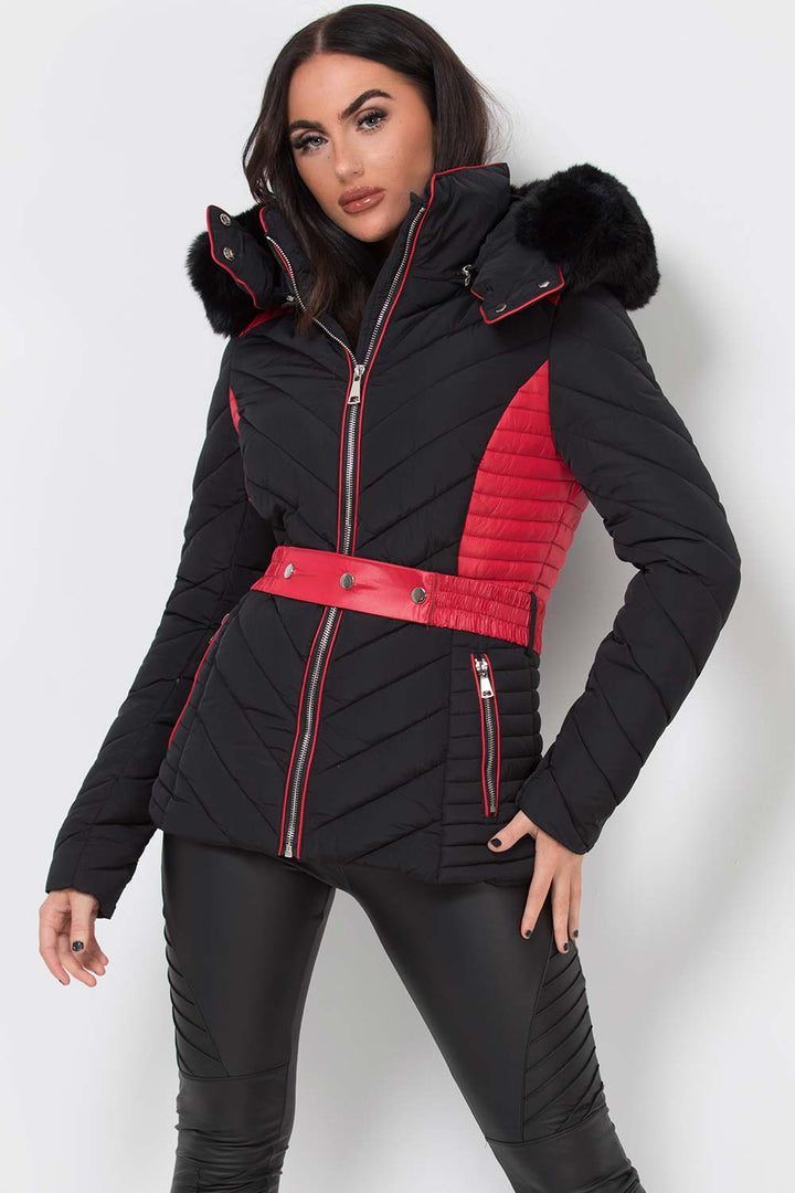 Karter | Women’s belted two-tone puffer jacket with luxe faux fur hood