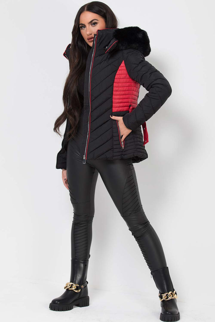 Karter | Women’s belted two-tone puffer jacket with luxe faux fur hood