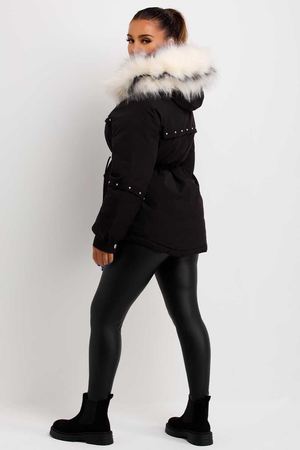 Janelle | Women’s faux fur hood coat with stud detail