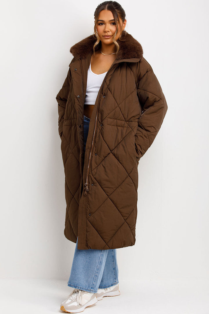 Shay | Women’s long quilted puffer coat with faux fur collar