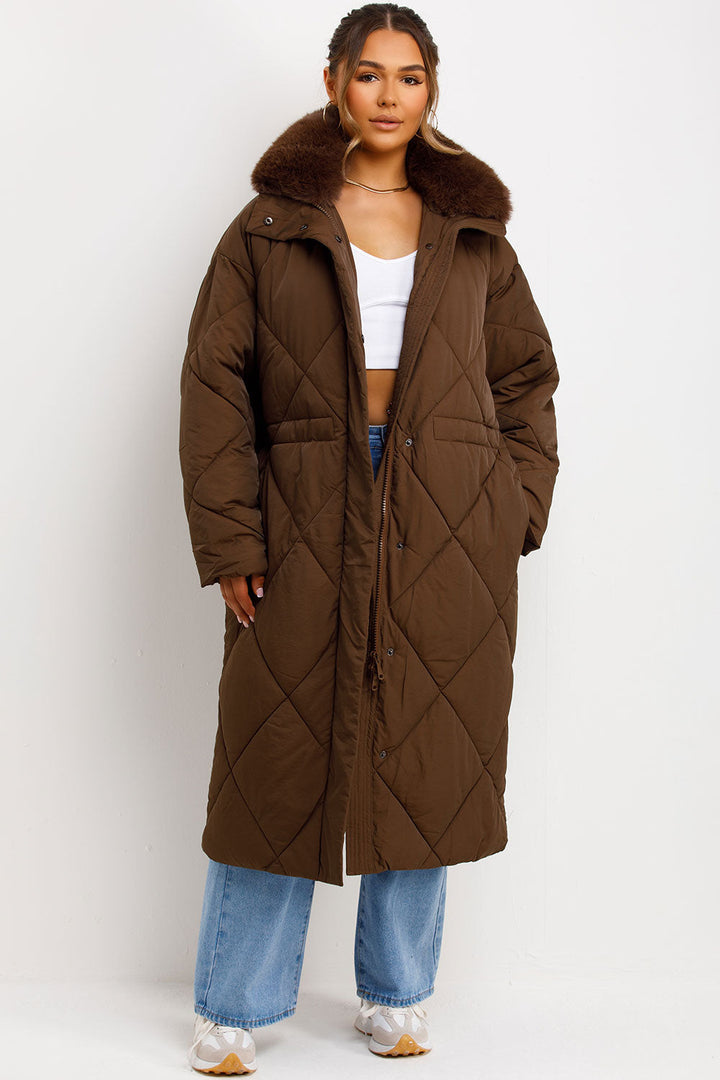 Shay | Women’s long quilted puffer coat with faux fur collar