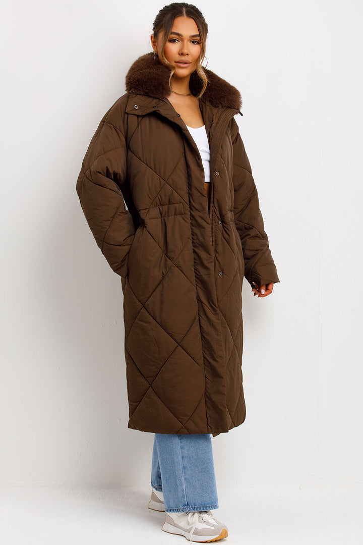 Shay | Women’s long quilted puffer coat with faux fur collar