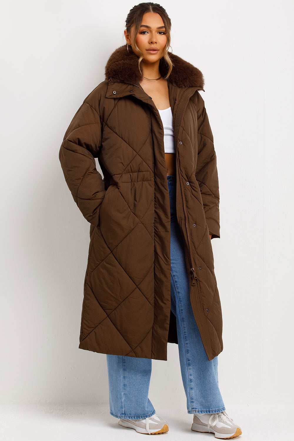 Shay | Women’s long quilted puffer coat with faux fur collar