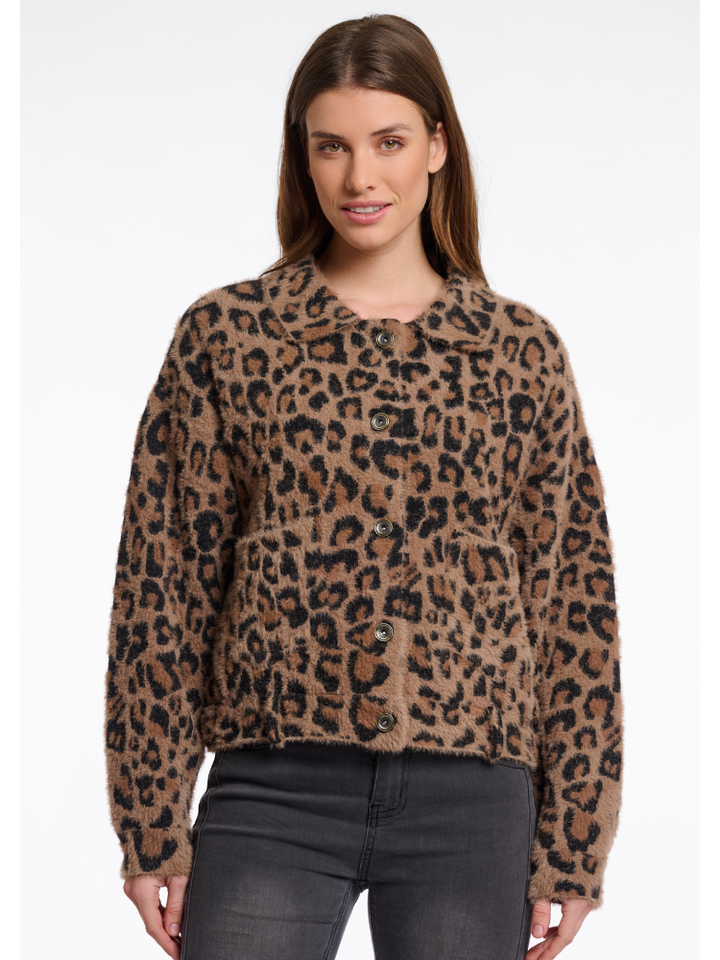 Aamina | Women’s leopard print button-up faux fur jacket