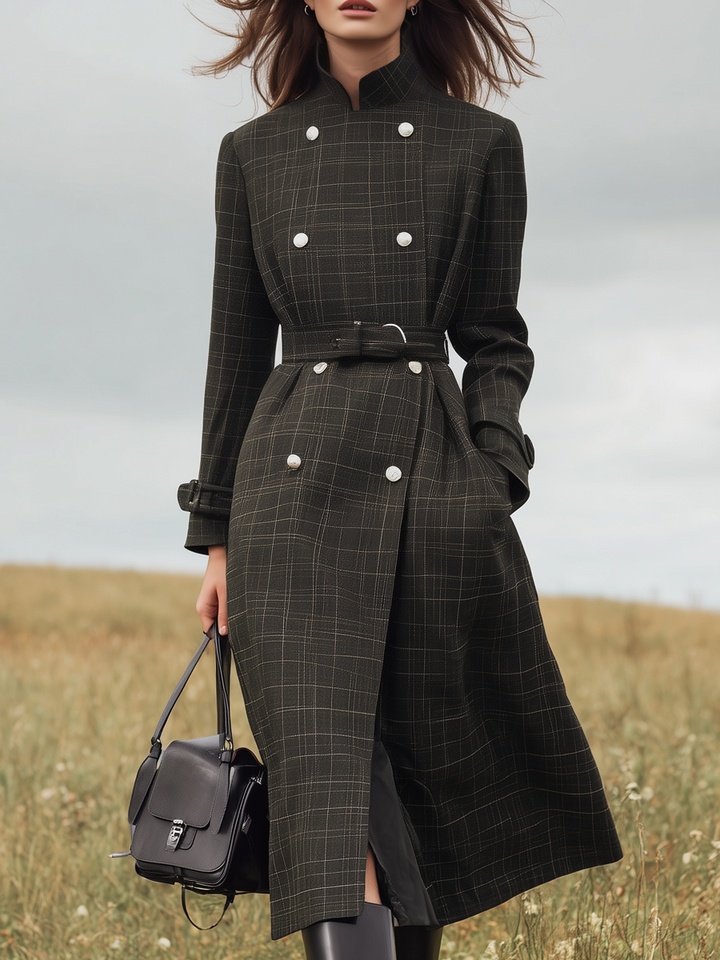 Jewel | Women’s retro plaid trench coat with stand-up collar and double-breasted design