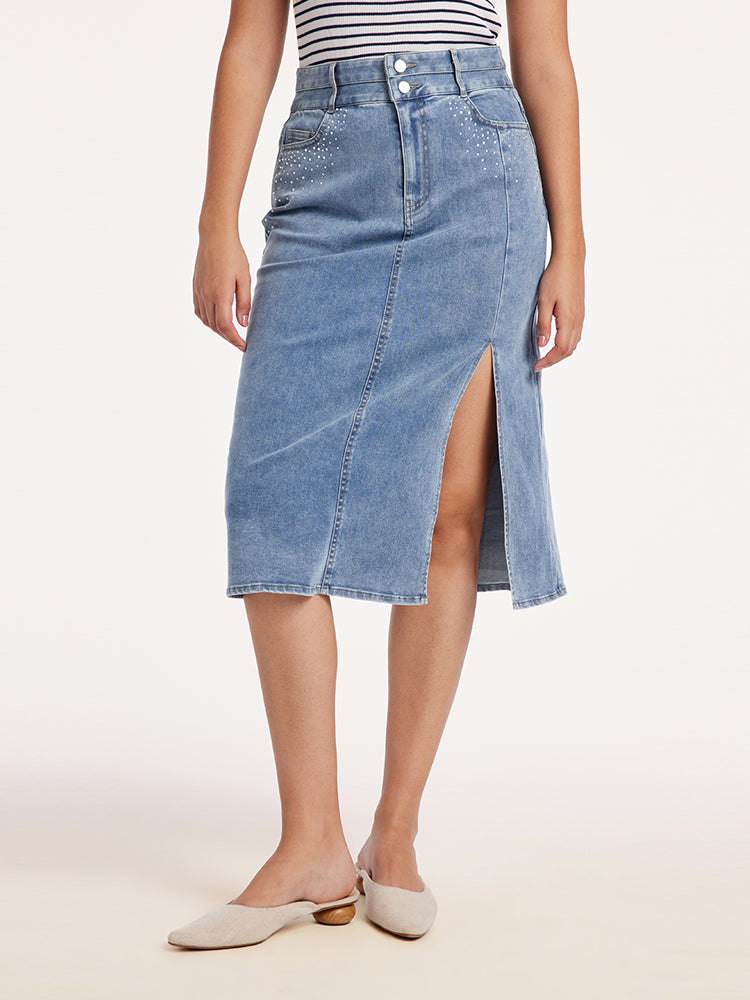 Elouise | Women’s high-waist denim midi skirt with front slit