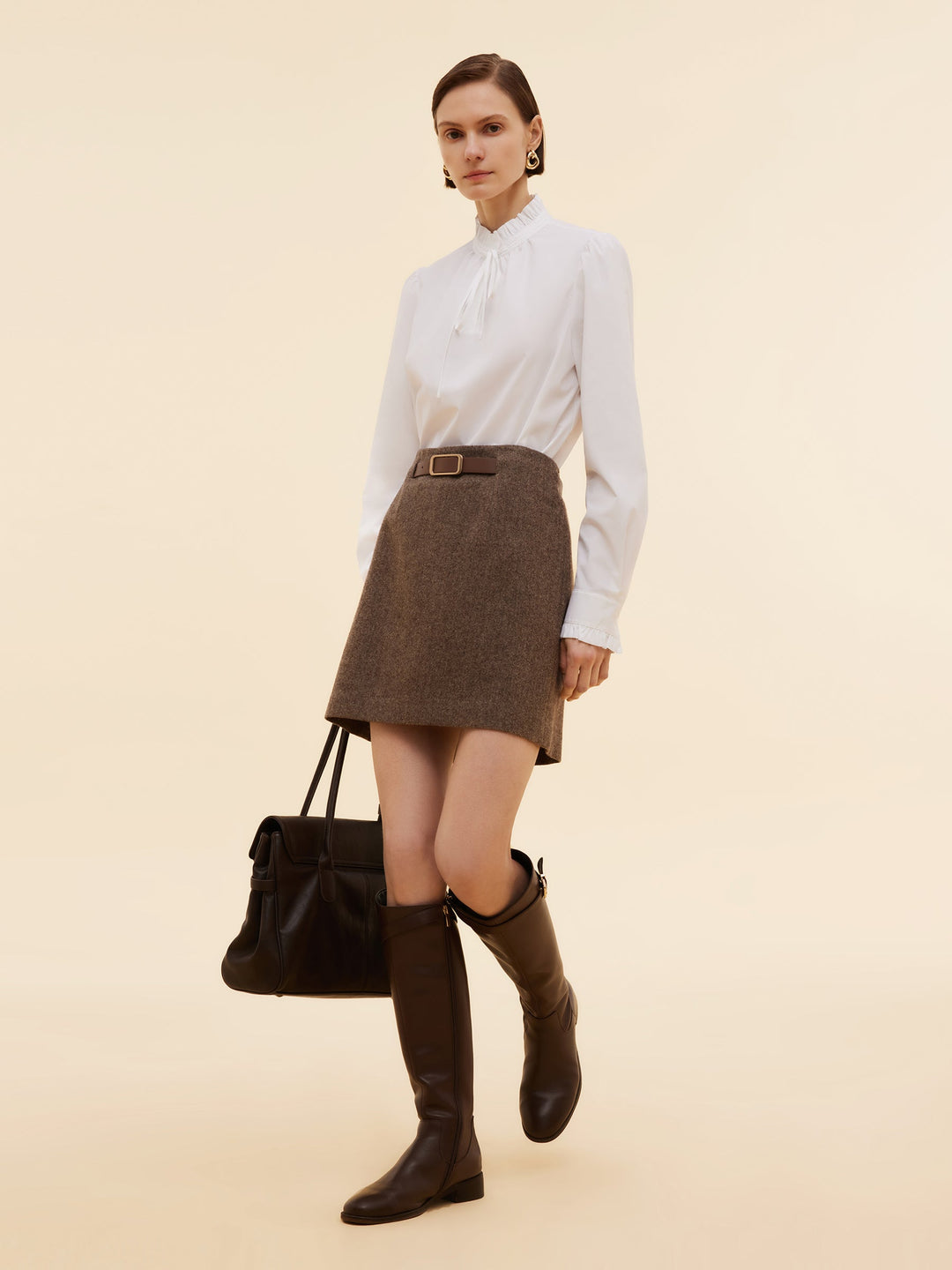 Arya | Women's wool A-line mini skirt with leather belt