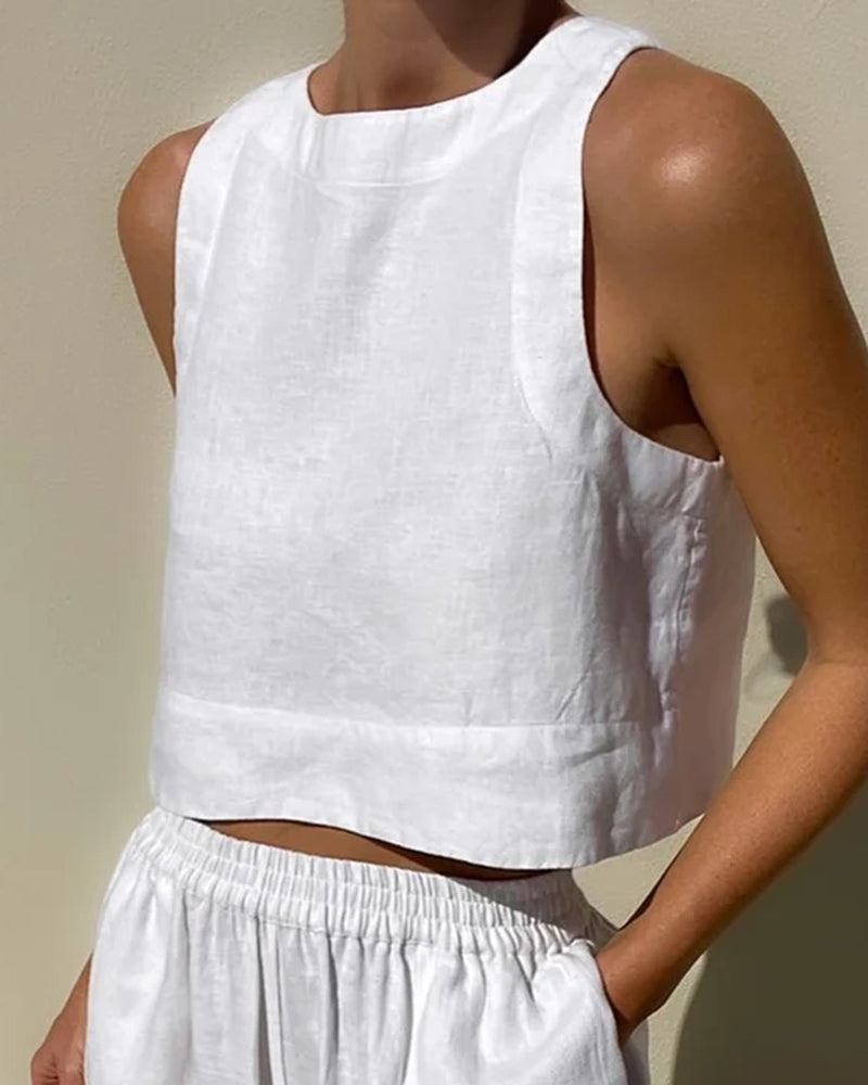 Alessia | Two-piece set with tailored top and wide-leg linen trousers
