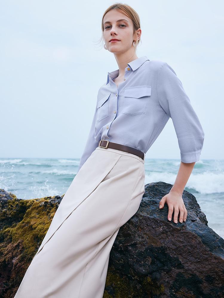 Vada | Women’s acetate shirt and asymmetric skirt set with leather belt