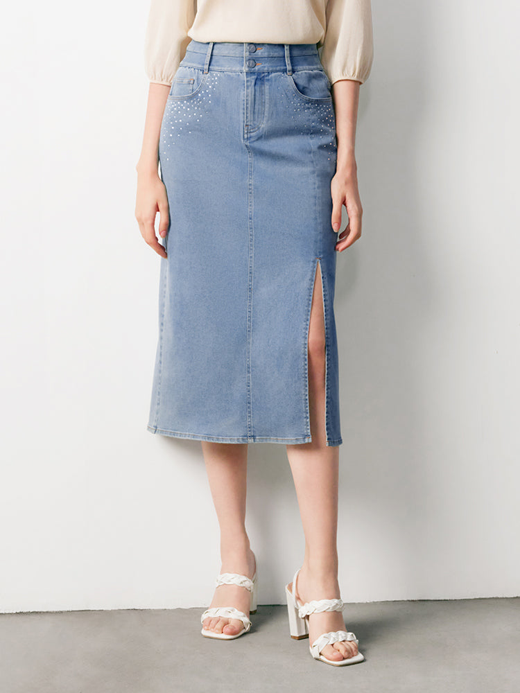 Elouise | Women’s high-waist denim midi skirt with front slit