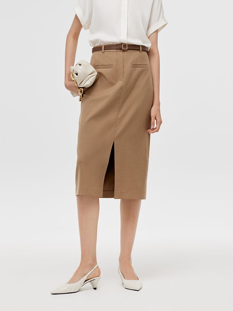 Alora | Women's basic straight slit midi skirt with belt