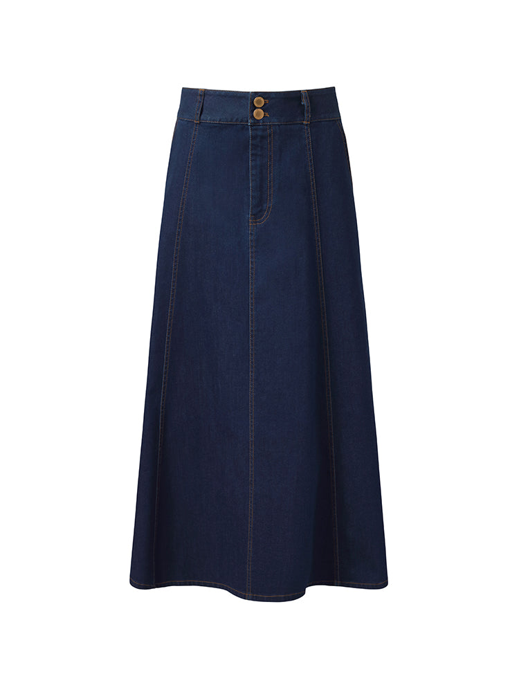 Nyla | Women’s adjustable high-waisted A-line denim midi skirt