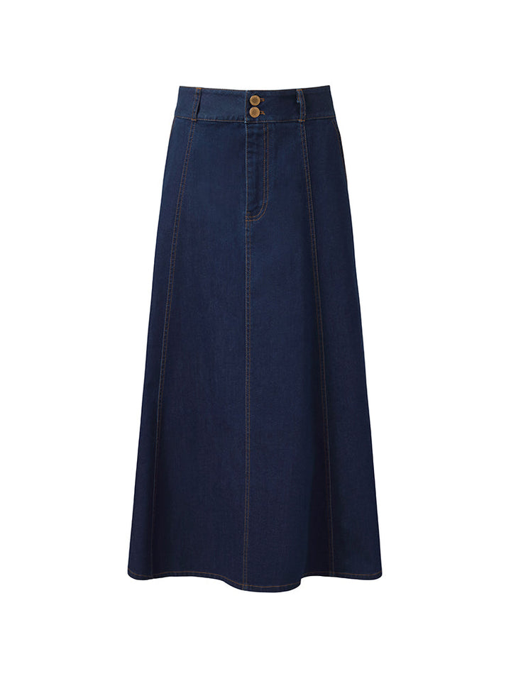 Nyla | Women’s adjustable high-waisted A-line denim midi skirt