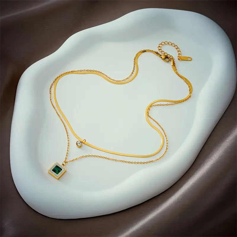 Emma | Women’s layered necklace with emerald pendant and crystal accent