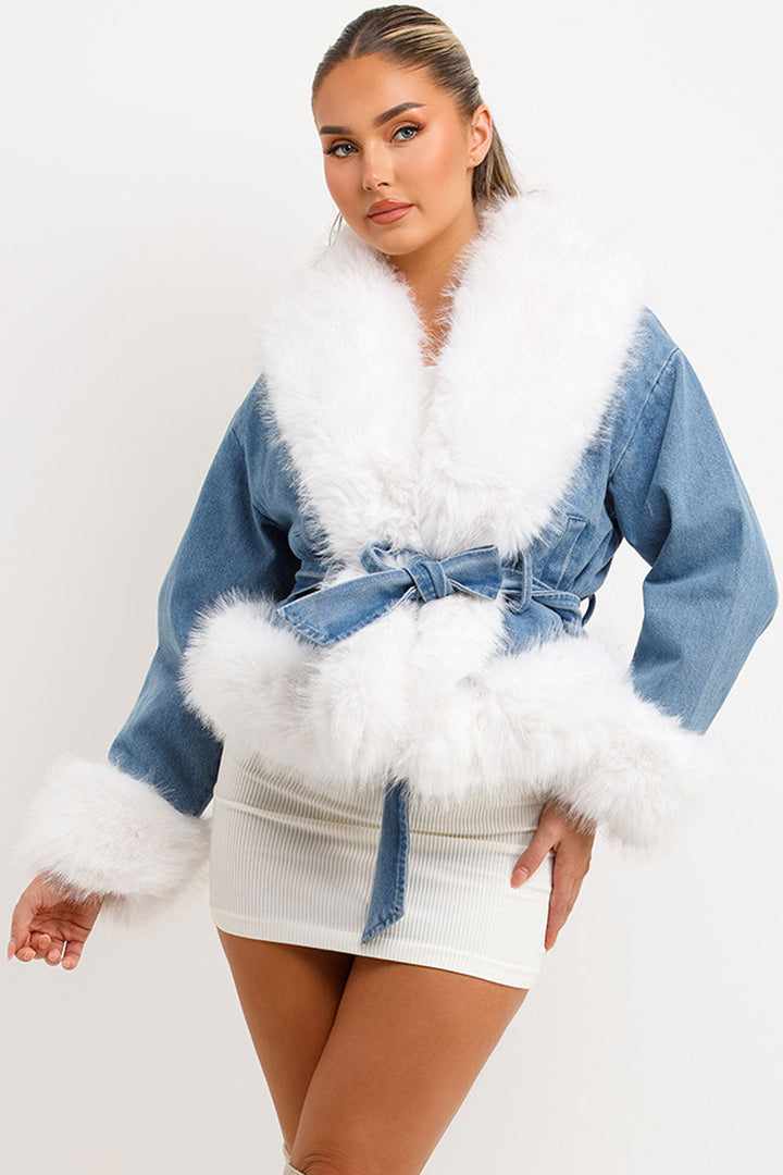 Dayana | women’s faux fur trimmed denim jacket with belt