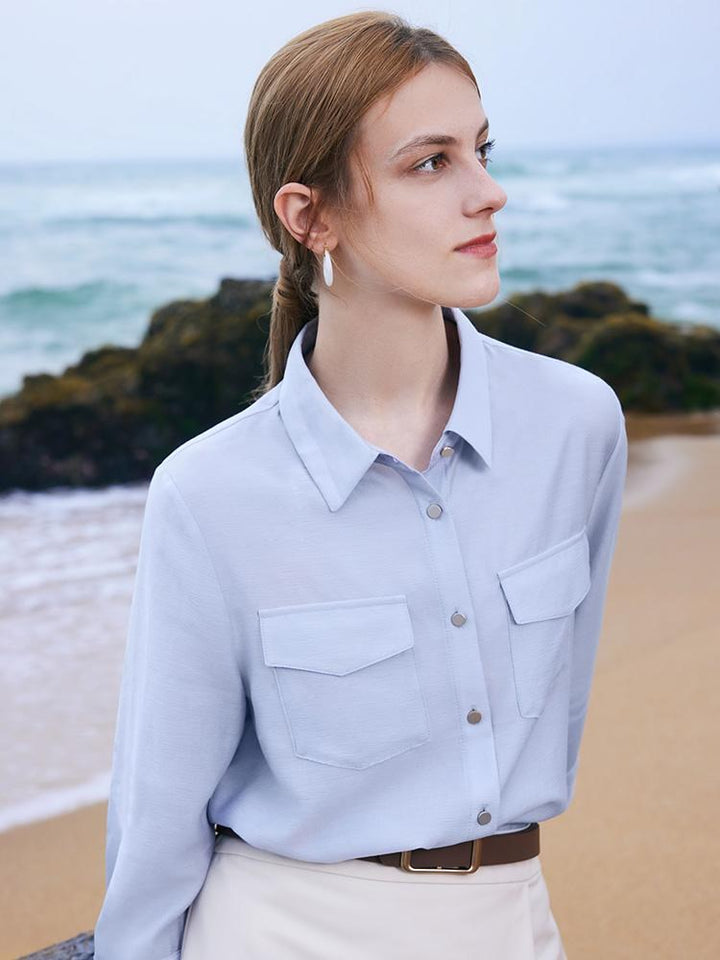 Vada | Women’s acetate shirt and asymmetric skirt set with leather belt