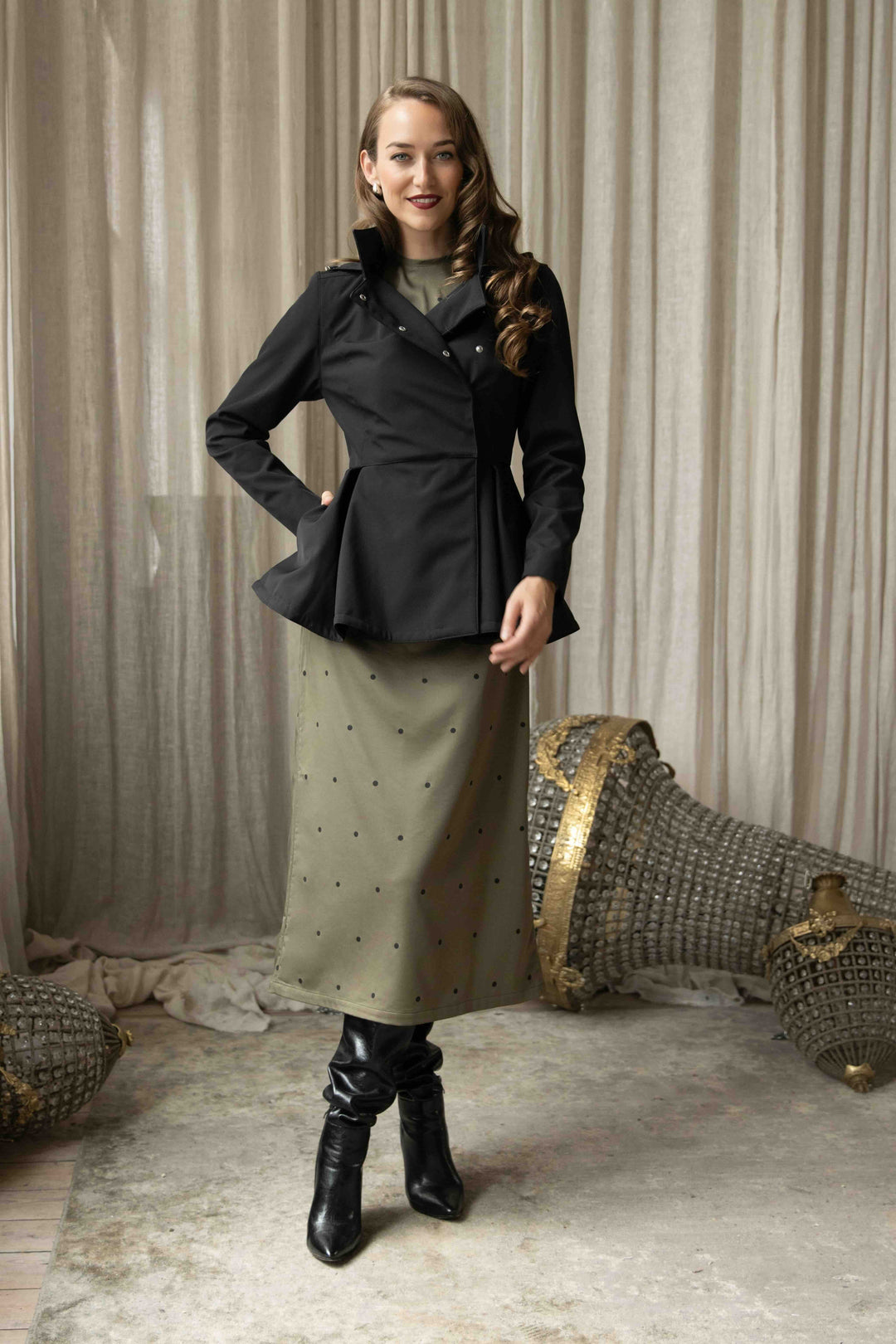 Ailany | Women’s long-sleeve midi dress with ribbon-tie back cutout and polka dot design