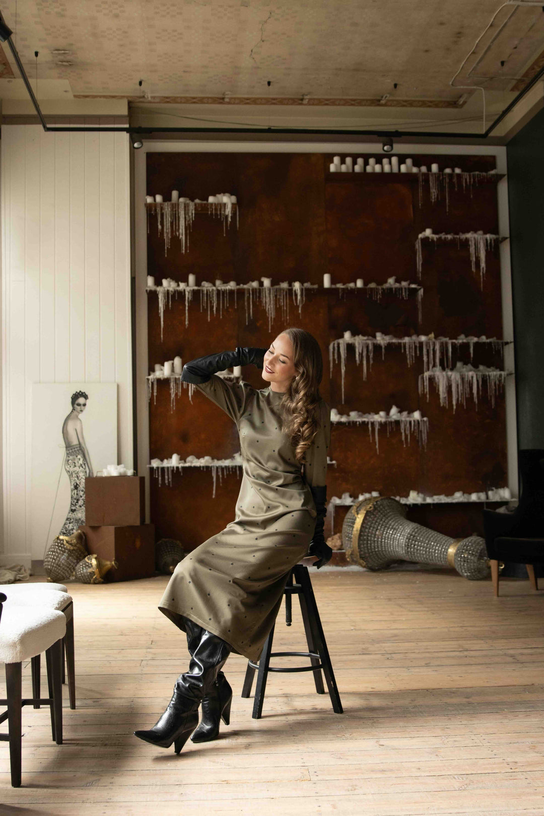 Ailany | Women’s long-sleeve midi dress with ribbon-tie back cutout and polka dot design