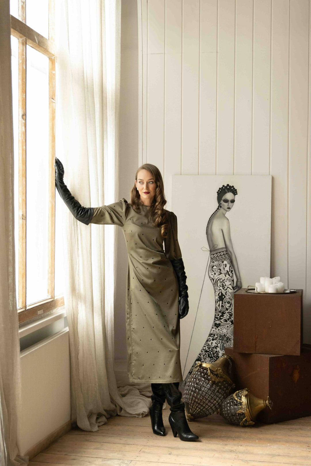 Ailany | Women’s long-sleeve midi dress with ribbon-tie back cutout and polka dot design