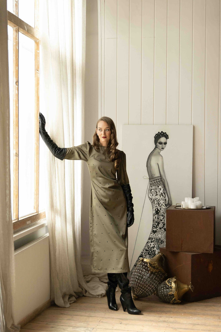 Ailany | Women’s long-sleeve midi dress with ribbon-tie back cutout and polka dot design